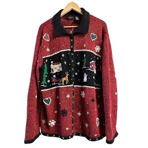 Erika Woman Red Black Christmas Sweater Cardigan Embroidered Snowman Reindeer 1X